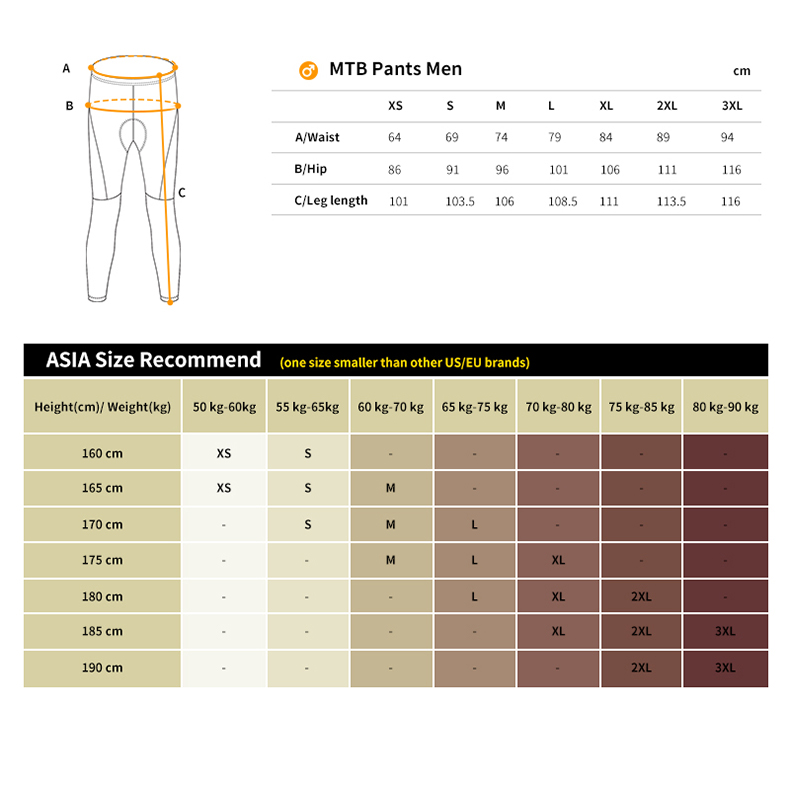 mtb pants size chart