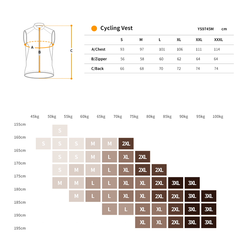 cycling gilet size chart