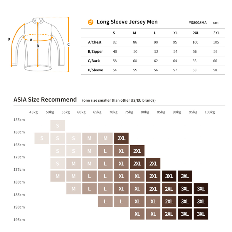 long sleeve cycling jersey size chart