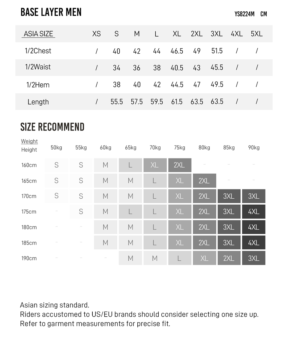 base layer YS8224M size chart