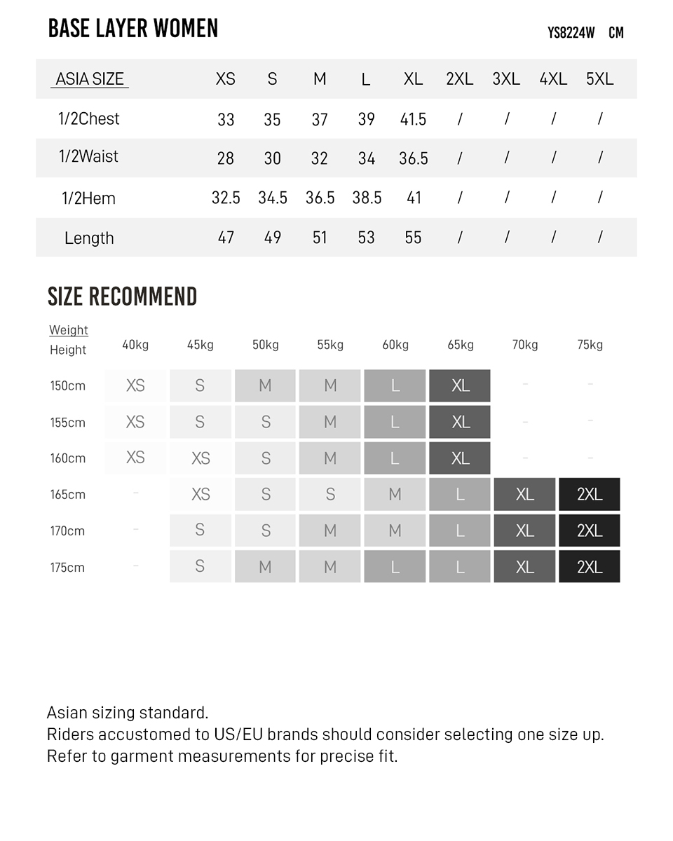 base layer YS8224W size chart