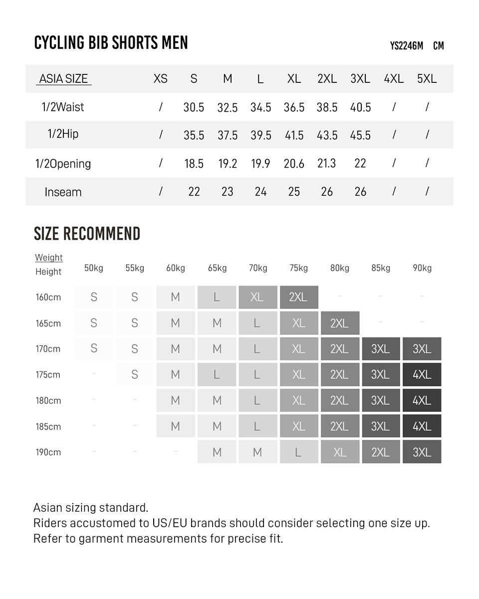 bib shorts YS2246M size chart