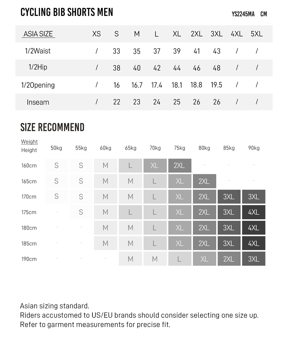 Bib shorts YS2245MA size chart
