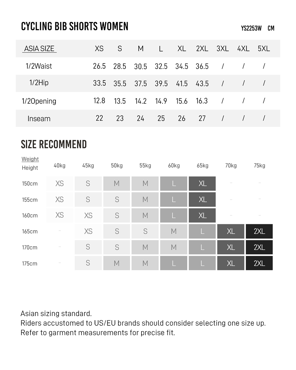 bib shorts YS2253W size chart