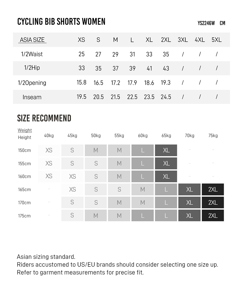 bib shorts YS2246W size chart