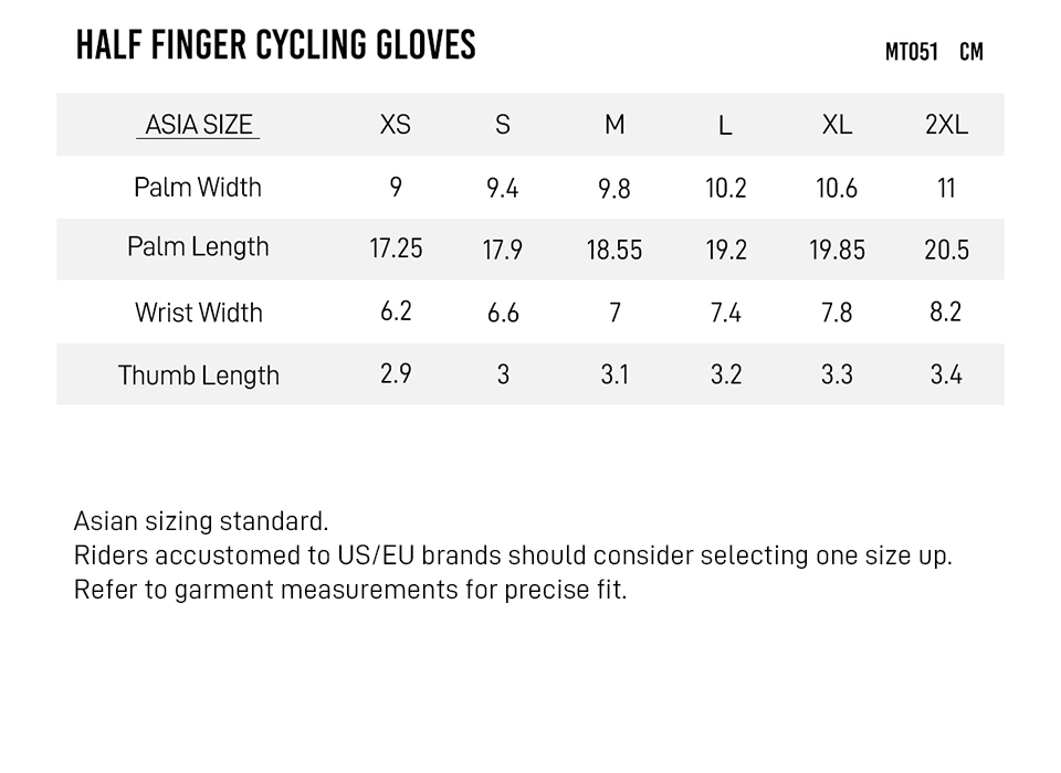 MT051 gloves size chart