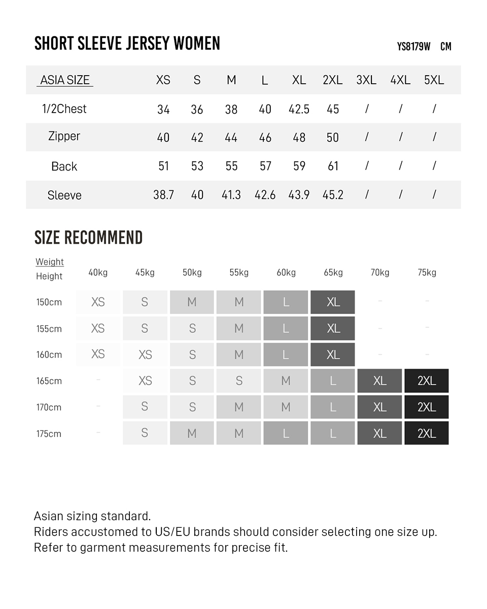 short sleeve jersey YS8179W size chart
