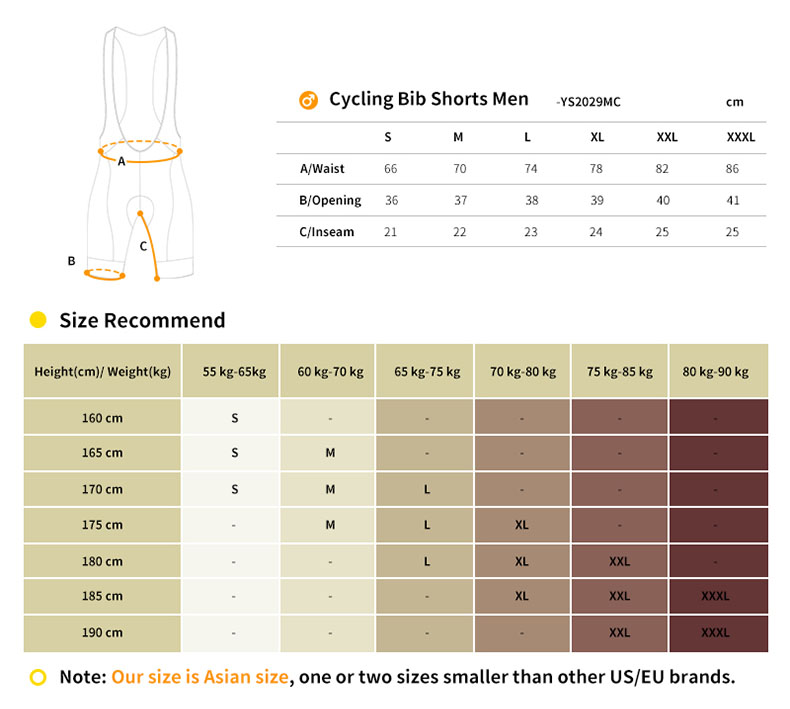 cycling bib shorts YS2029M size chart