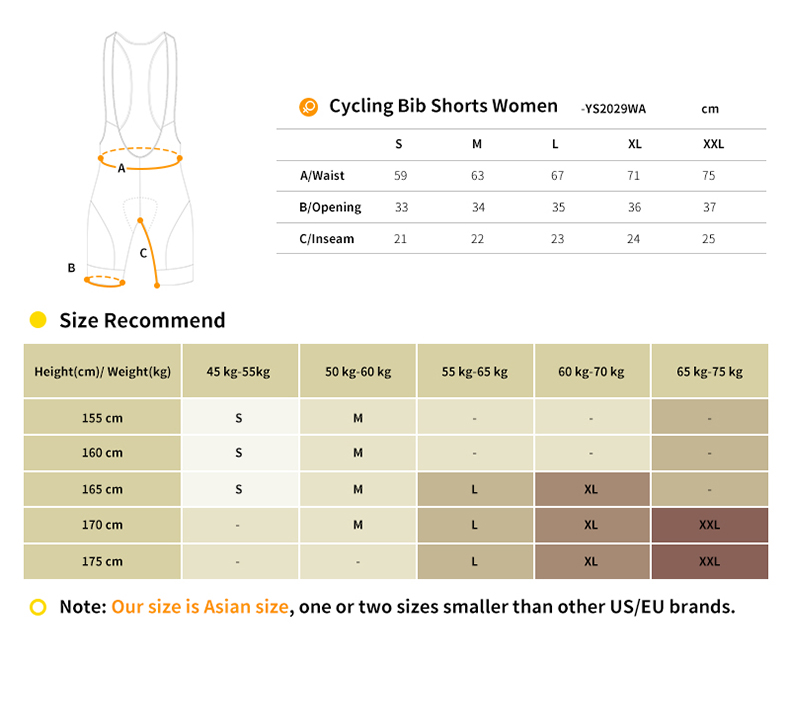cycling bib shorts YS2029W size chart
