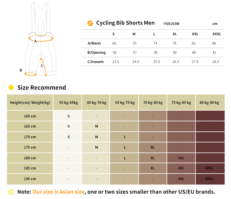 cycling bib shorts YS9193M size chart