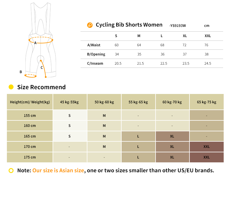 womens cycling bib shorts YS9187M size chart