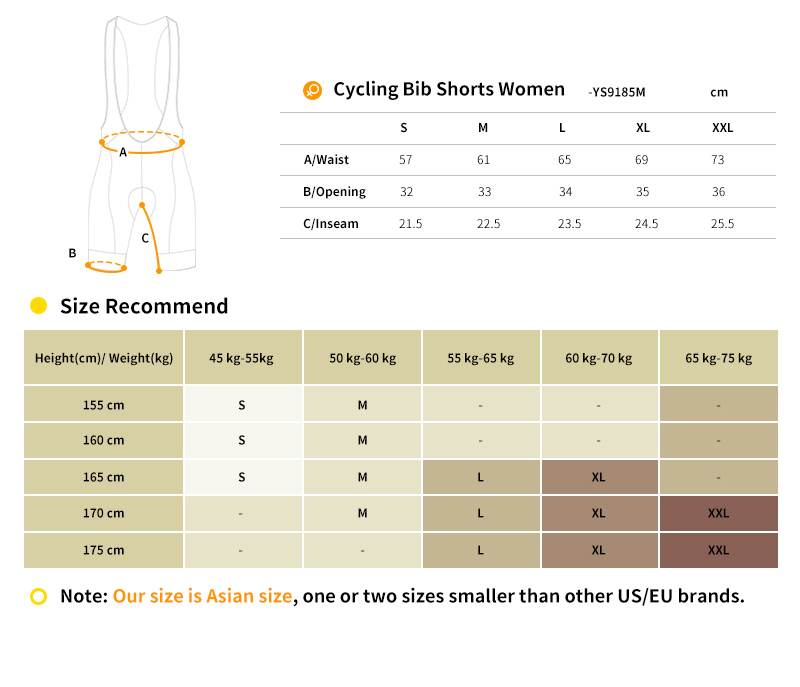 womens cycling bib shorts YS9187M size chart