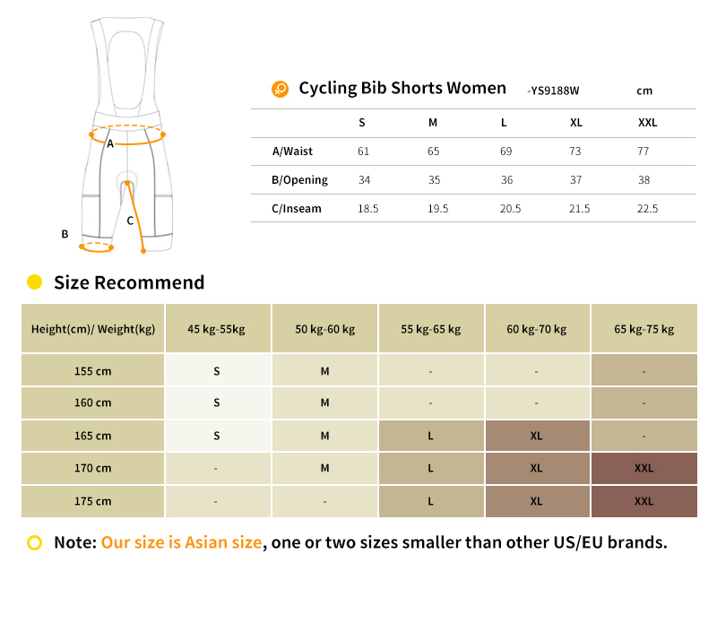 cycling bib shorts YS9188W size chart
