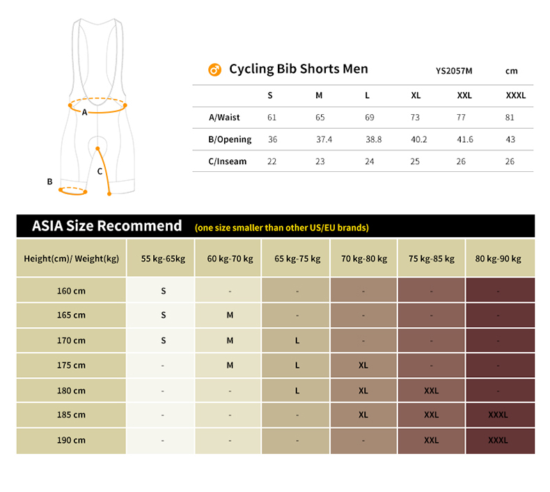 cycling bib shorts size chart