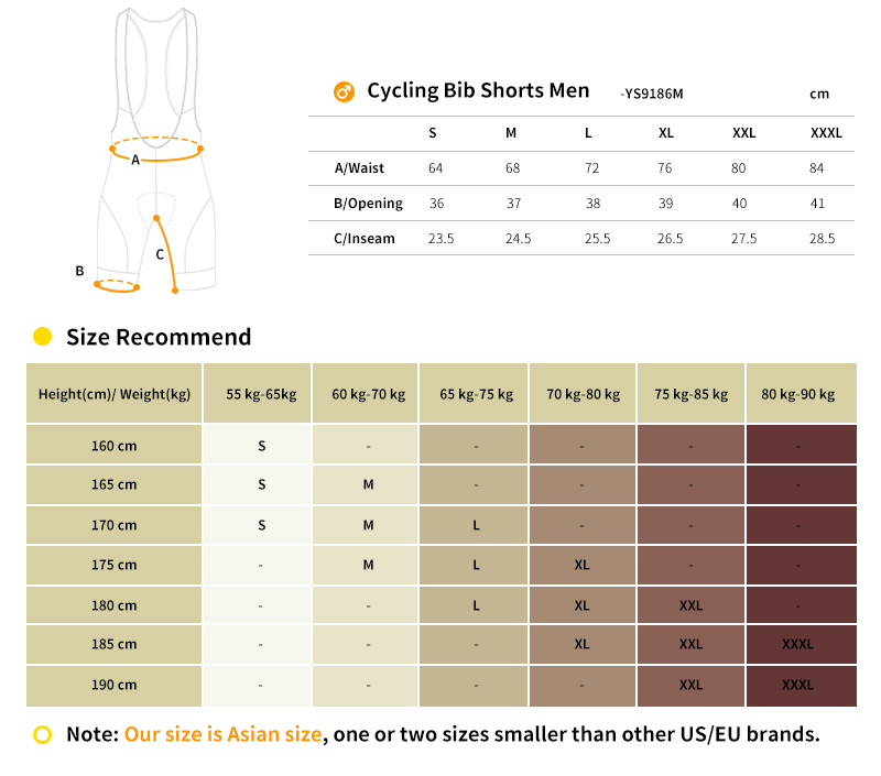 cycling bib shorts YS9186M size chart