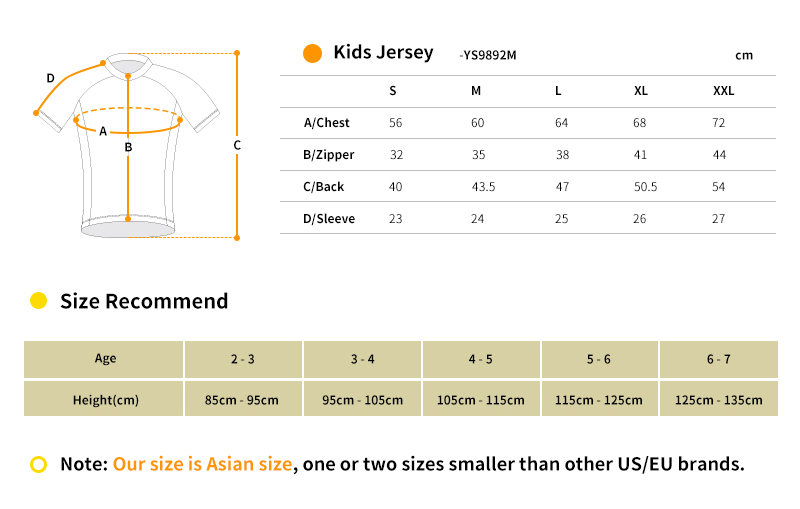 kids cycling clothing YS9892M size chart