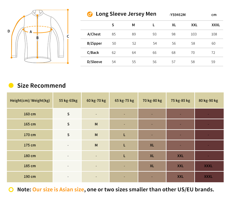 cycling jerseys long sleeve size chart