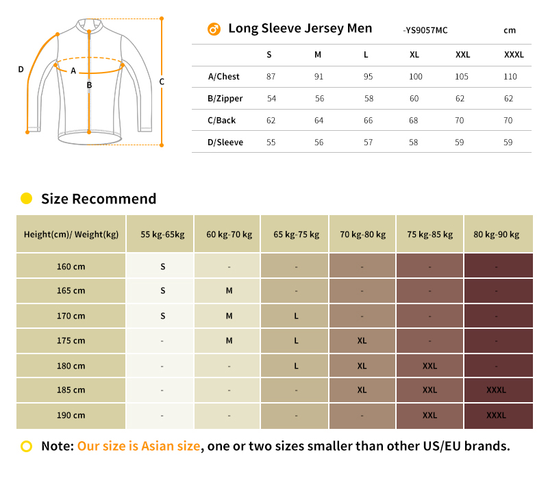 Winter long sleeve thermal cycling jersey size chart