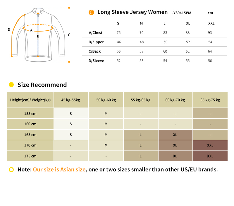 YS9415WA cycling jersey size chart