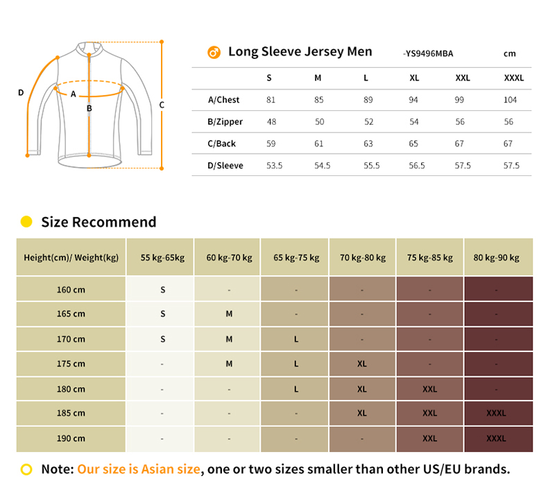 cycling jersey long sleeve size chart