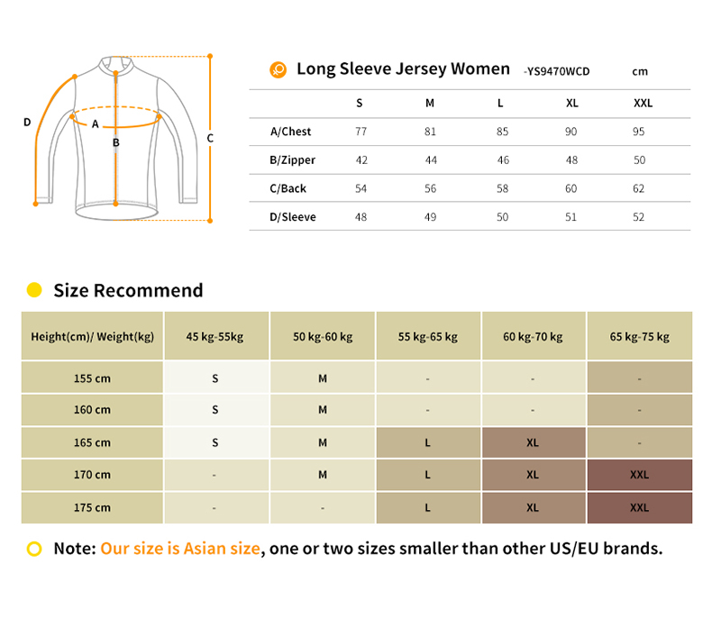 long sleeve cycling jersey size chart