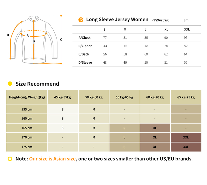 womens long sleeve cycling jersey YS9470WC size chart