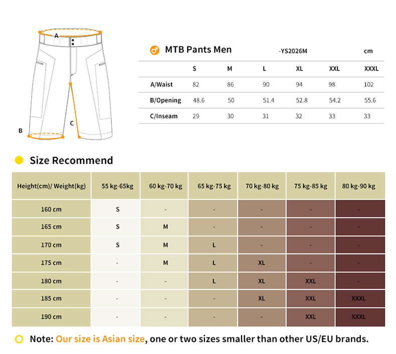 YS2026M mtb shorts size chart