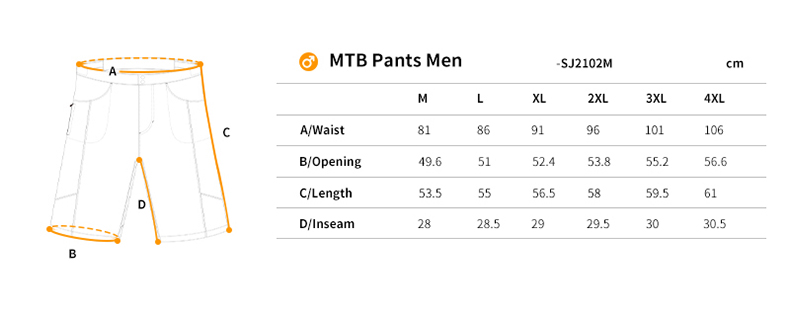 MTB shorts size chart