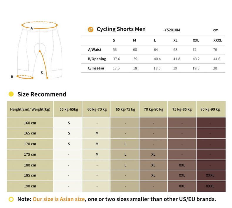 mountain bike liner shorts YS2018M size chart