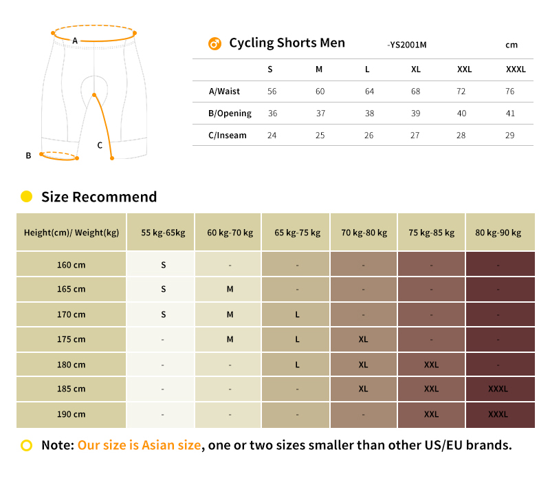 cycling shorts YS2001M size chart