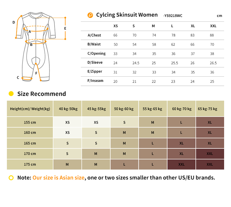 womens cycling skinsuit YS9218WC size chart