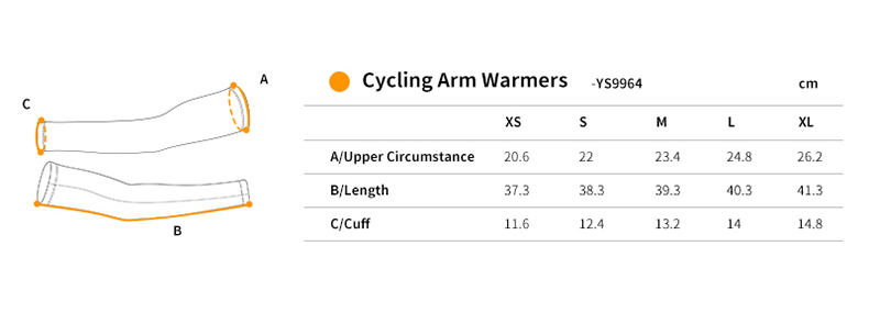 cycling arm sleeves YS9964 size chart