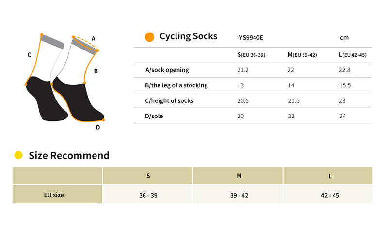cycling socks YS9940E size chart