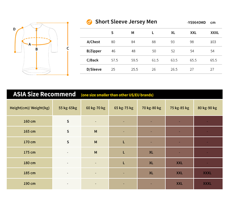 cycling jersey size chart