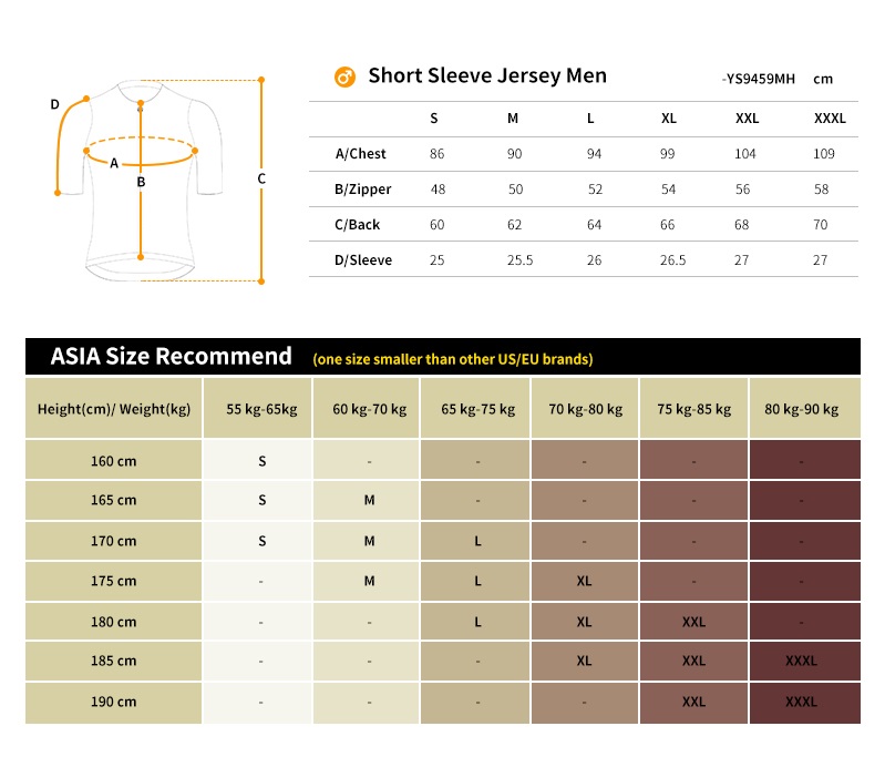 cycling jersey size chart