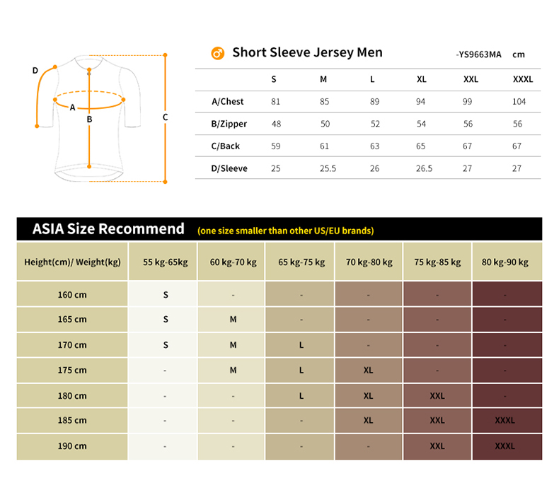 cycling jersey size chart