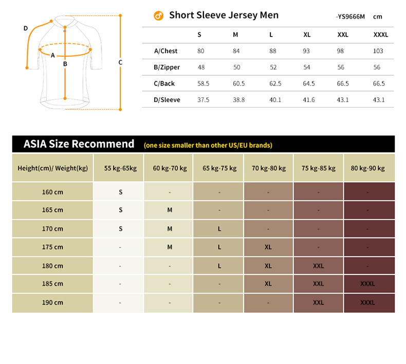 cycling jersey size chart