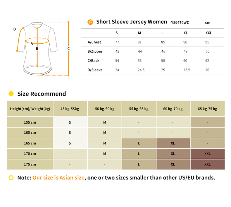 short sleeve jersey size chart