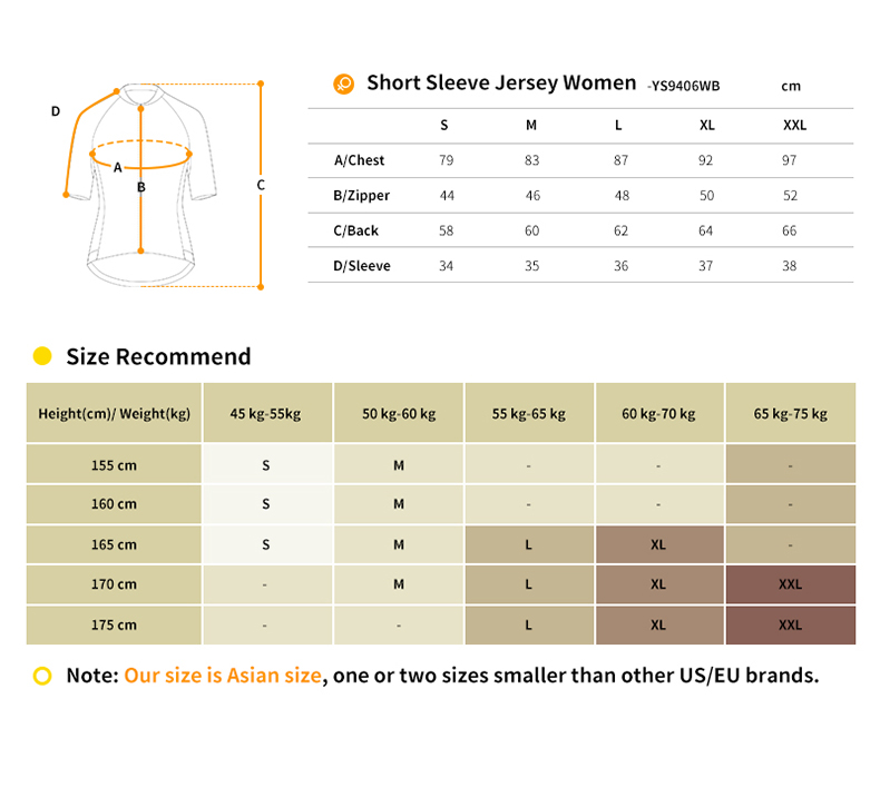 YS9406WB cycling jersey size chart