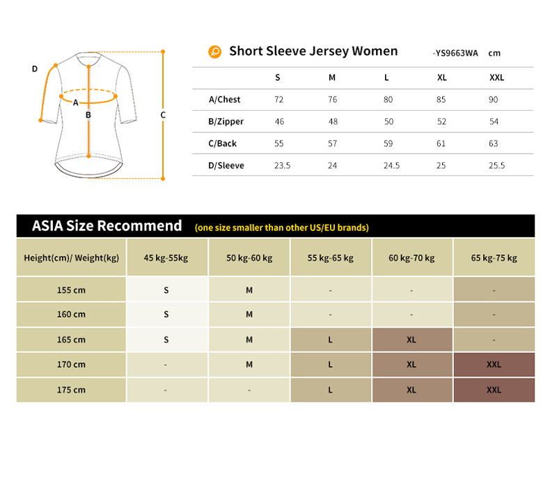 cycling jersey size chart