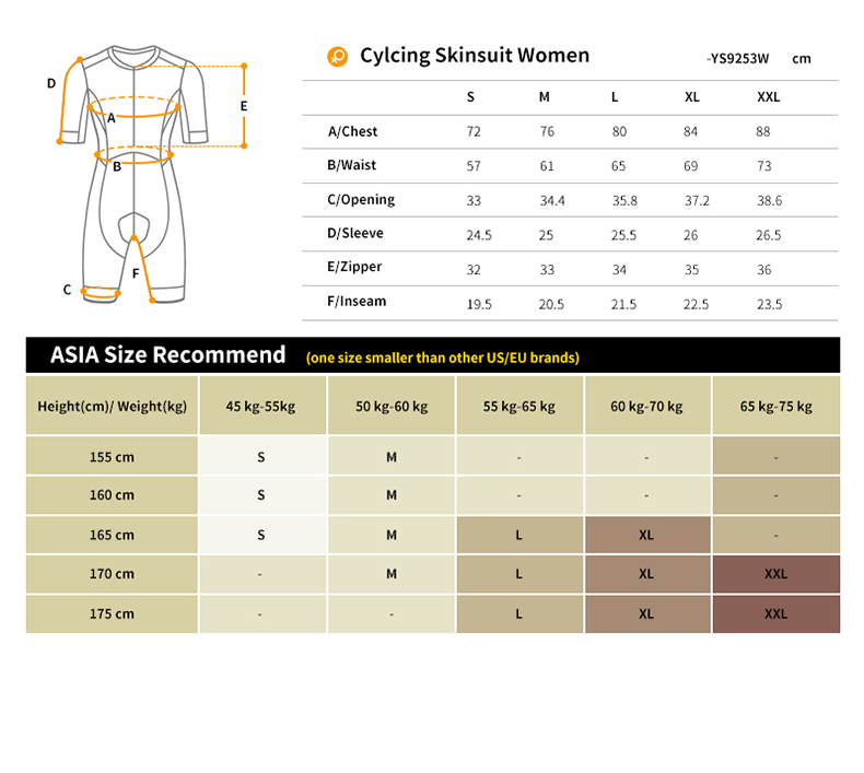 cycling skinsuits size chart
