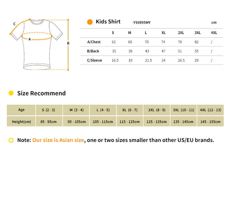 kids cycling shirt size chart
