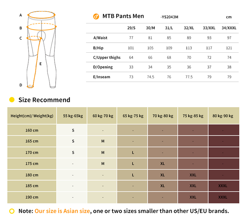 mtb long pants size chart