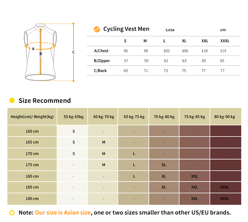 cycling vest size chart