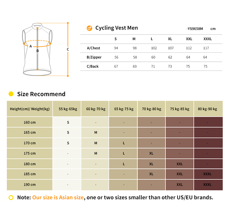 cycling vest size chart