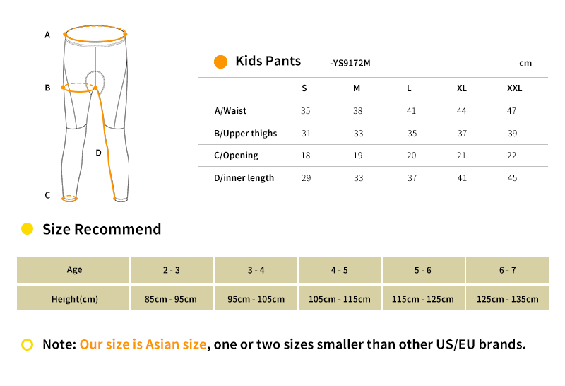 2018 kids Kids cycling tights size chart