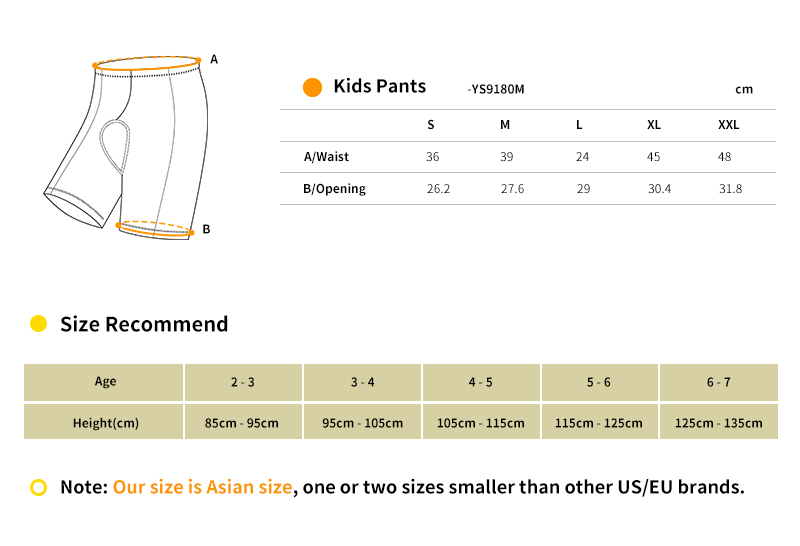 Kids cycling shorts size chart