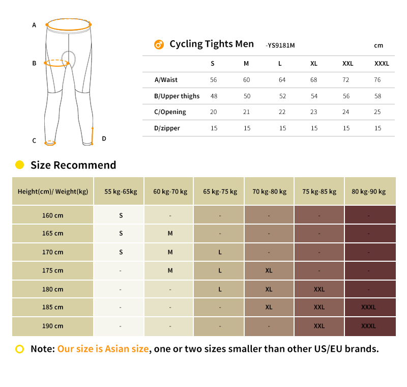 winter cycling tights size chart