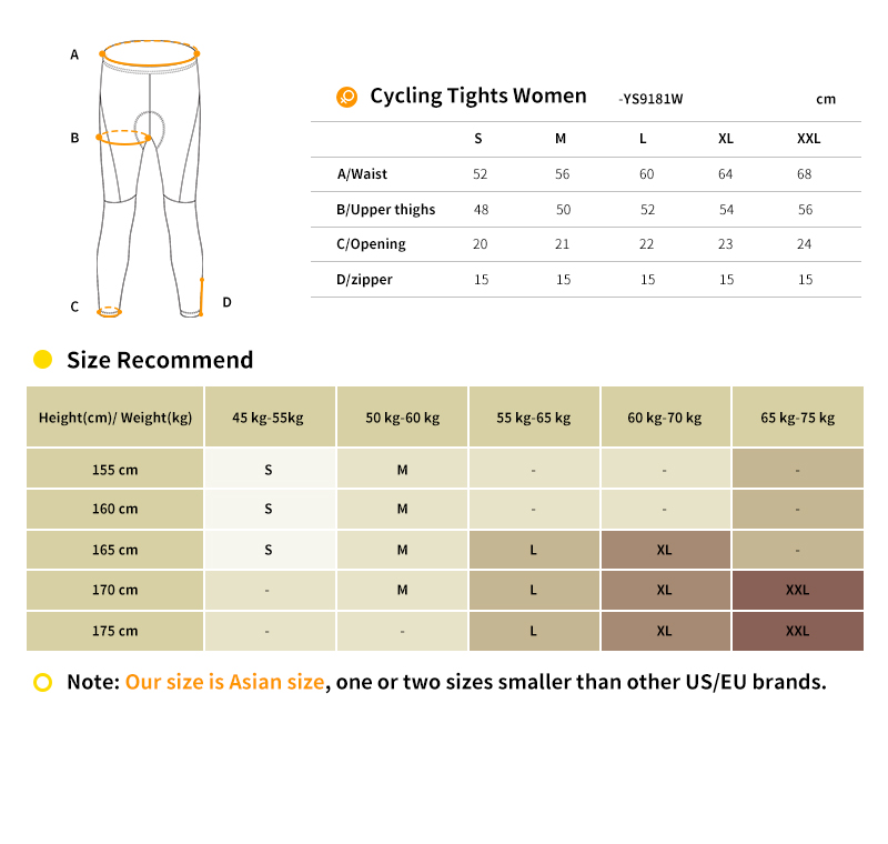 2018 winter cycling tights size chart